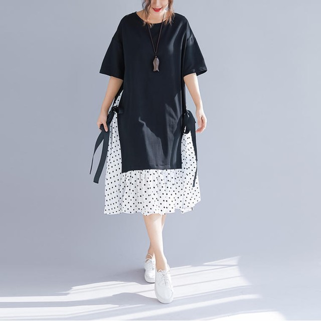 Tシャツレイヤードワンピース ドット リボン 可愛い I10 Bshop