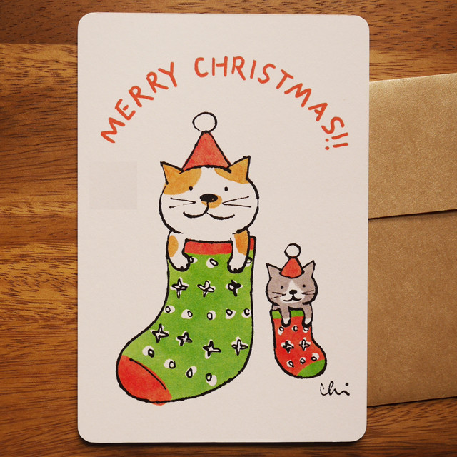 クリスマスグリーティングカード くつした ふたり 封筒付 Necoya