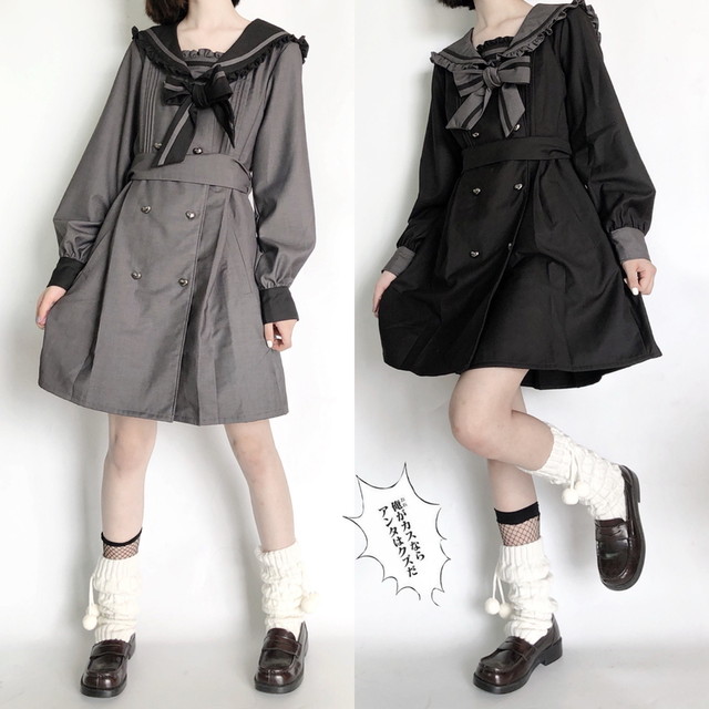 ゴスロリ Jk制服 ワンピ ネックフリル ボウタイ ハートボタン 膝上丈 病み可愛い セーラー風 韓国ファッション オルチャン 原宿系 10代 代 天使と悪魔 サブカル系ファッション Seasonz