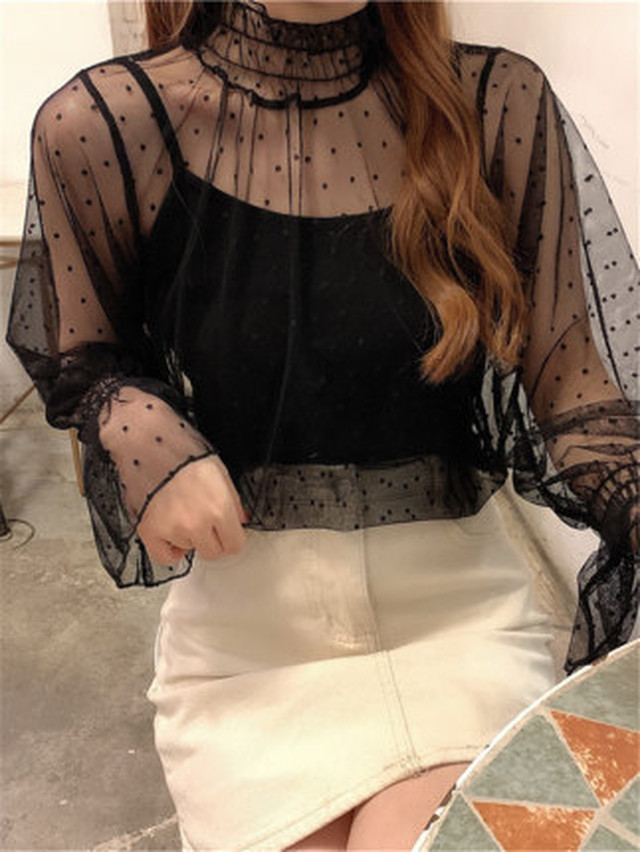 ブラウス トップス ドット レース ハイネック ホワイト ブラック 長袖 ボリューム袖 透け感 おしゃれ 春夏 大人可愛い 韓国 韓国ファッション オルチャン オルチャンファッション P806 Korean Select 韓国ファッション オルチャンファッション