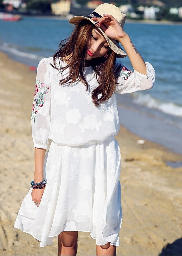花柄 刺繍 シャツワンピース 送料無料 残りわずか トレンド 刺繍 ワンピース シフォン 花柄 ワンピ 白 7分袖 ミニ アジアン 民族系 ネイティブ ボヘミアン レディース ミモレ丈 ひざ丈 美足 細見え デート 通勤 およばれ パーティー 通勤 参観日 記念日 大人可愛い
