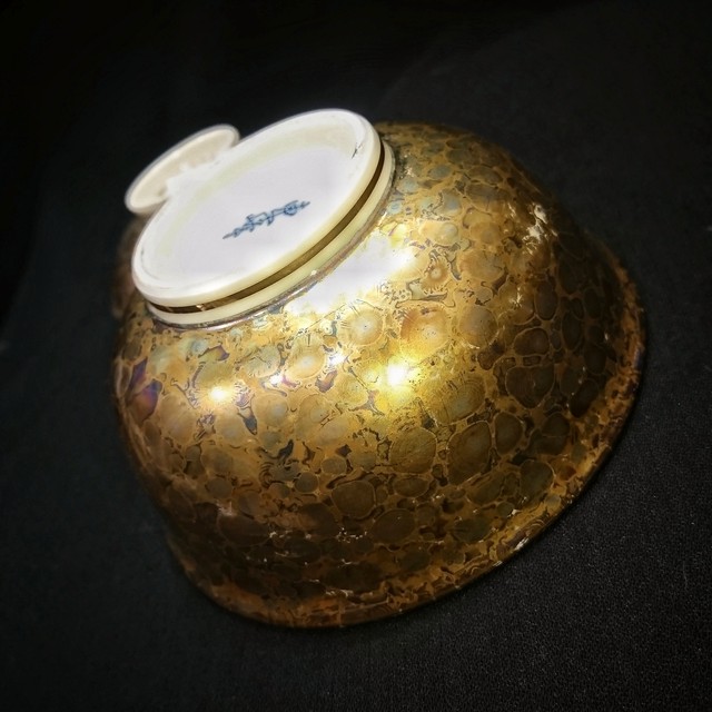 幻想的な美しさ 虹色油膜 金彩茶碗 お椀 陶磁器 油滴天目 作家銘入り 食器 和小物 骨董 古物 アンティーク 古着屋 Sputonic