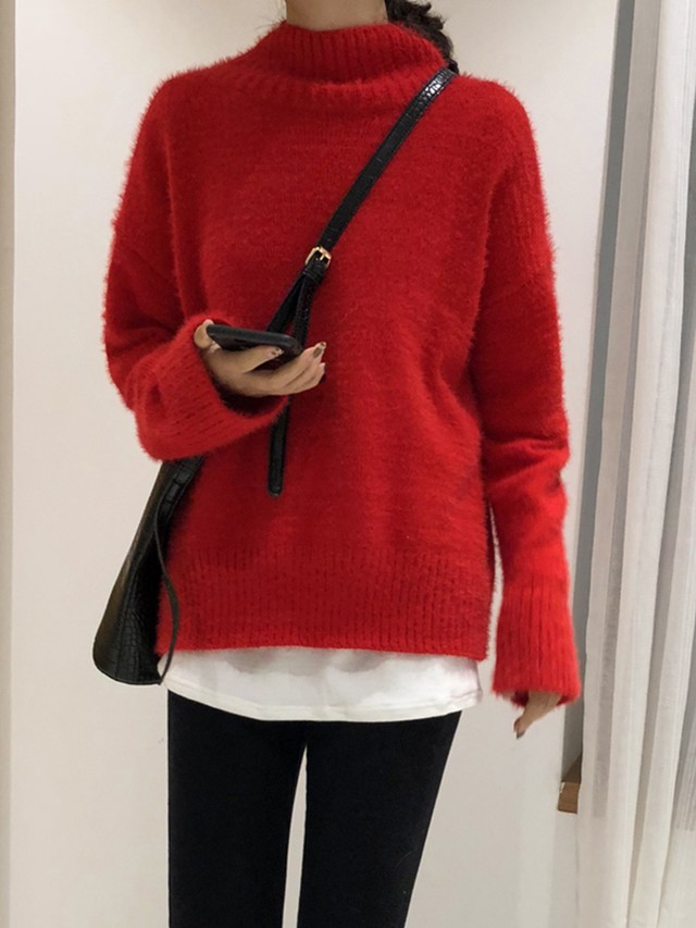 モヘア調ニット レディースゆるニット ゆったり ハイネック 白青黄色赤 韓国系 無地 シンプル 秋冬通販 定番 プチプラ 79 Idear