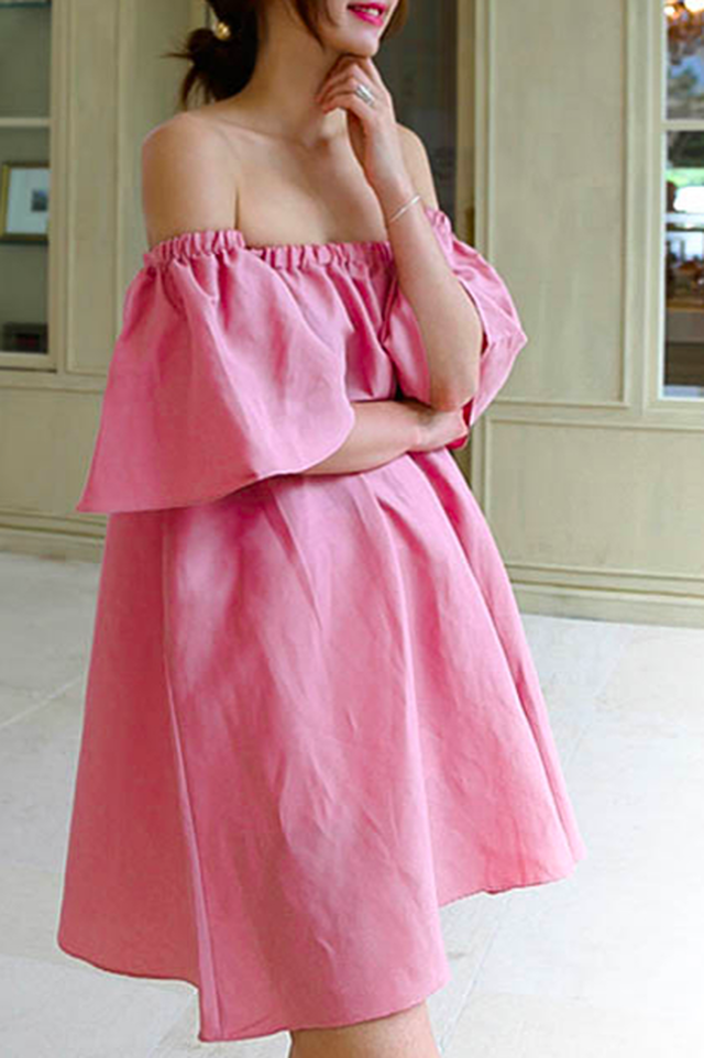 ピンクがラブリー オフショルダーリネンワンピース Na Na Iro