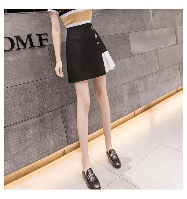 新作 黒スカートシーズンファッションハイウエストラインスカートステッチプリーツショートスカート ハイウェスト ブラック Aライン 伊人轻熟女装 Splendo