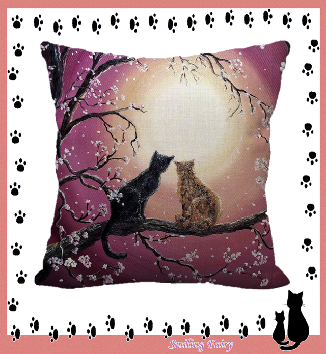 猫クッションカバー 猫絵座布団カバー 桜月夜の猫 2 高級 ベルベット素材 Funhobby