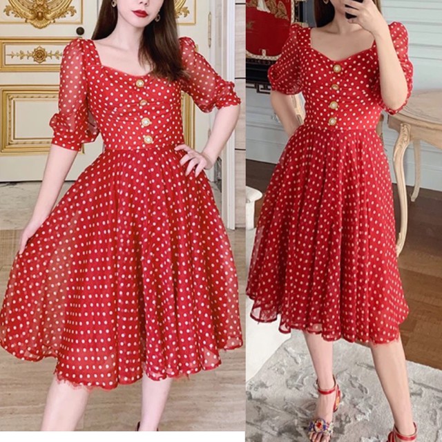 わずか 赤 ワンピース ドット 水玉 ワンピース ブラウス マキシ フレア スカート ボタン 花柄 Loveysmileshop