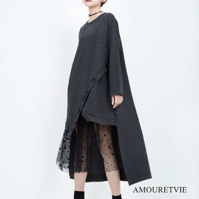 ワンピース ドレス アシンメトリー スタイリッシュ メッシュ レース モダン シック モード系 ヴィジュアル系 1678 Amouretvie モレヴィ