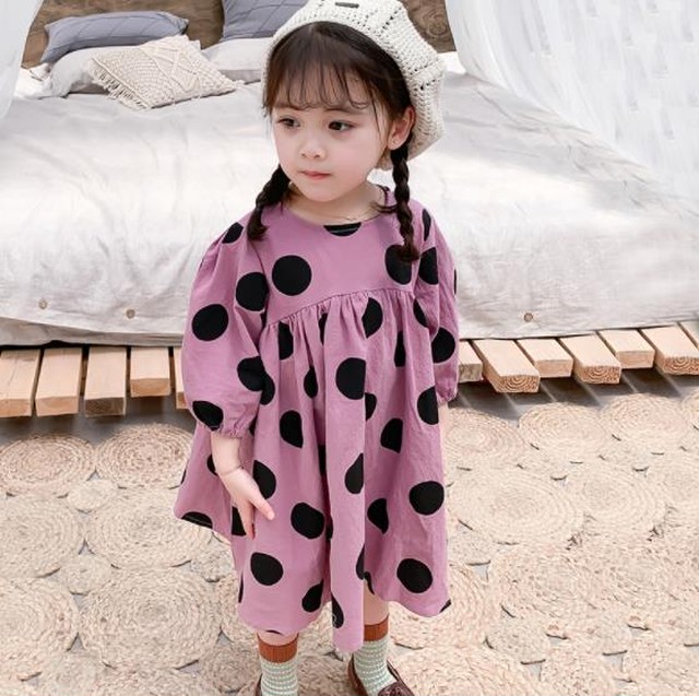 キッズ ドットワンピース 韓国子供服 くすみカラースカート レトロワンピ Syanu Shop子供服 韓国子供服 韓国ベビー服 キッズベビー