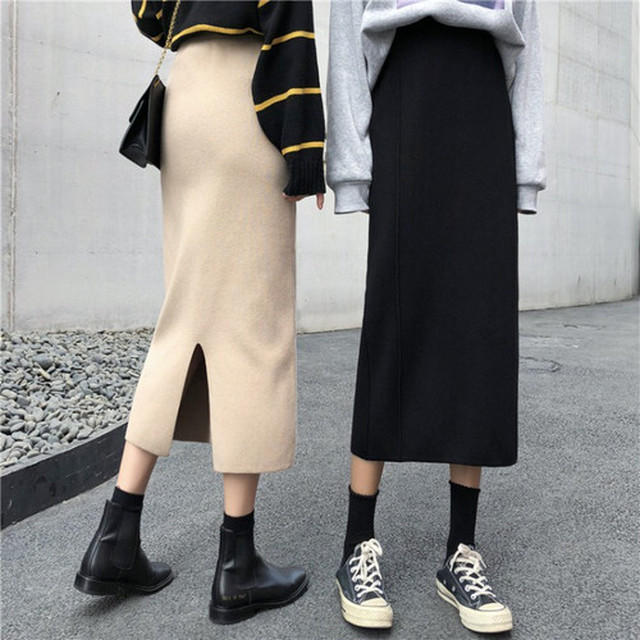 スカート ニット ニットスカート ペンシルスカート 無地 ミモレ丈 スリット ハイウエスト カジュアル タイトスカート シンプル Yi1062 Valentina210