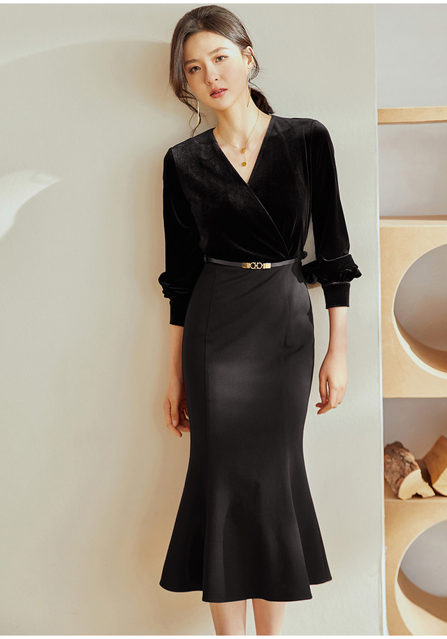 カシュクール風ワンピース ドレス Vネック 長袖 膝下 ミディ丈 パーティ お食事会 ママ会 お呼ばれ 春 秋 冬 Select Shop Skry スクリー