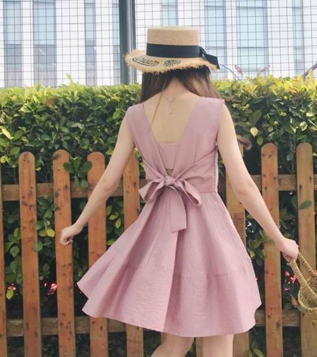 リゾート ミニワンピース レディース バックリボン ミニ丈 ワンピ 夏 新作 サマードレス Aラインスカート ガーリー 可愛い バッククロス Leaflower 001 リーフラワー レディースファッション専門店