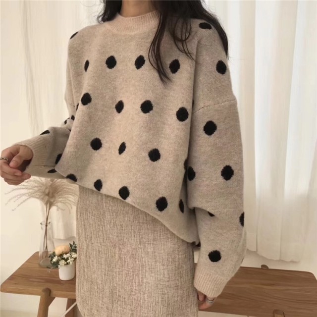 ドット ニット セーター 冬服 レディース 韓国 ファッション ニット トップス レディース オーバーサイズ 秋冬 ドット柄 クルーネック 水玉 カジュアル 大人かわいい ゆったり ニットトップス レディース Vestito