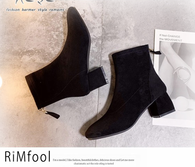 ブーツ 太ヒール 冬靴 おしゃれ 秋靴 シューズ 2色 チャンキーヒール ハイヒール 黒 ショートブーツ スウェード レディース Rimfool