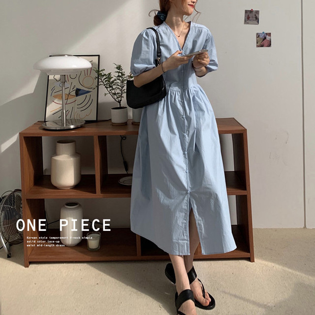 レディース パフスリーブ ワンピース きれいめ 大人可愛い 春夏 タックワンピース 韓国 カジュアル 大人 ルーズドールスカート Ritz Chic