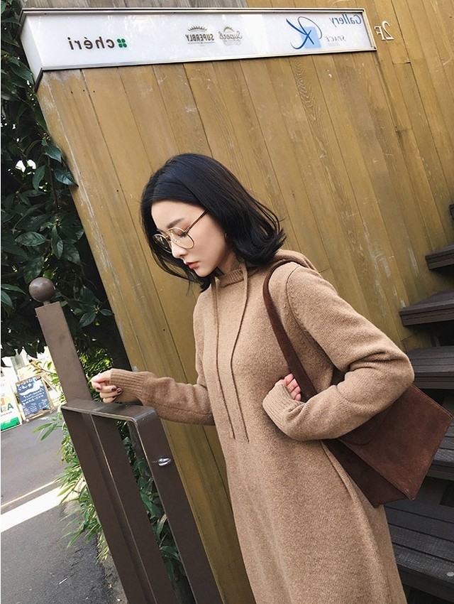 ニットパーカーワンピース ニットワンピース ロングワンピース ニットパーカー カジュアル ラフ きれいめ 可愛い 体型カバー プライベート お出かけ 通勤 通学 秋 冬 Crystalhk