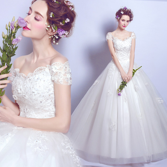 古典 フラワーレースのウェディングドレス プリンセスラインにチュールを重ねて華やかに ホワイト ウェディング 結婚式 披露宴 N216 ウエディングドレス