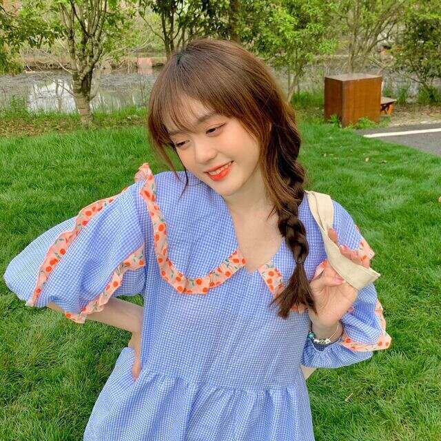 ワンピース レディース ロング丈 半袖 ミモレ丈 ｖネック セーラーカラー パフスリーブ フレア ａライン フリル チェック柄 ハイウエスト おしゃれ かわいい カジュアル ガーリー 甘め お出かけ 春 夏 Evergreen