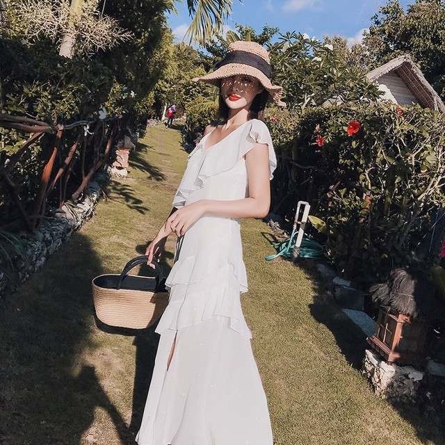 即納 夏のリゾート 白ワンピースロング Rfilos