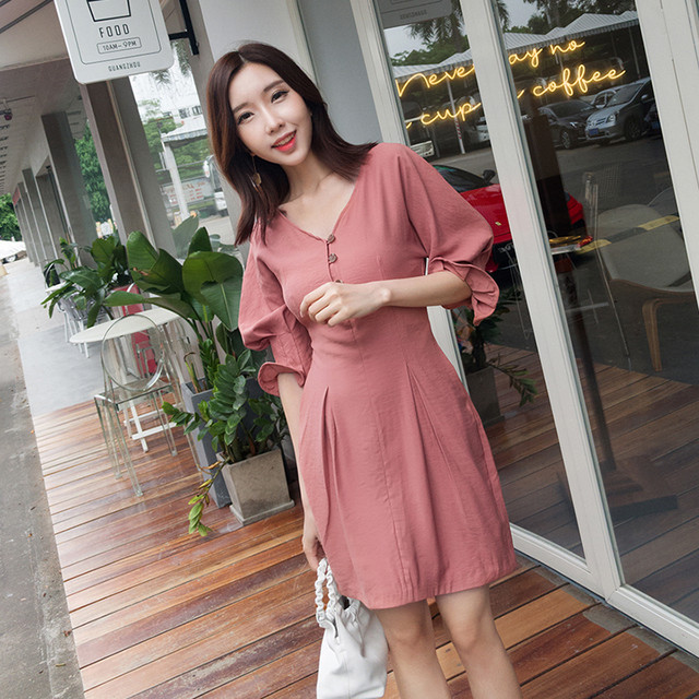 ミニワンピース Vネック フロントボタン バルーン袖 バルーンスカート チューリップ型 フリル 大人可愛い オシャレ キュート お出かけ デート シック 無地 単色 ハイウエスト 夏秋 レディース 女性 つらら商店