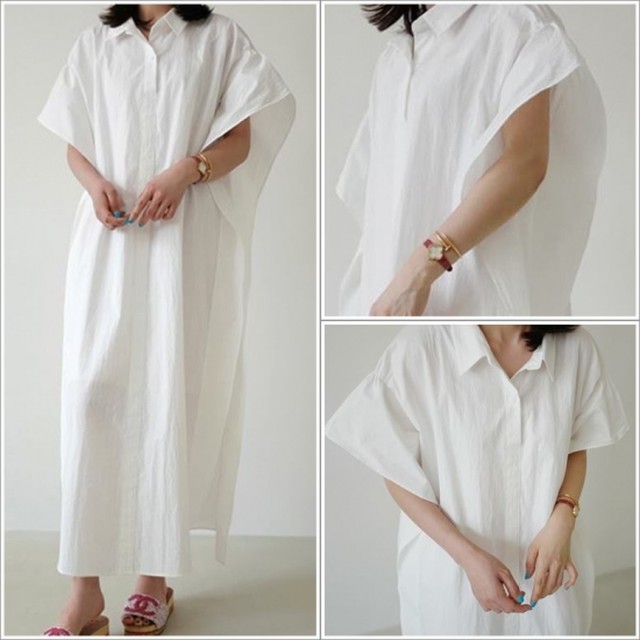 ロングシャツワンピース 白 オーバーシルエット シャツワンピ レディース マキシ丈 半袖 ナチュラル ゆったり 夏 Af4340 Raxia ラクシア