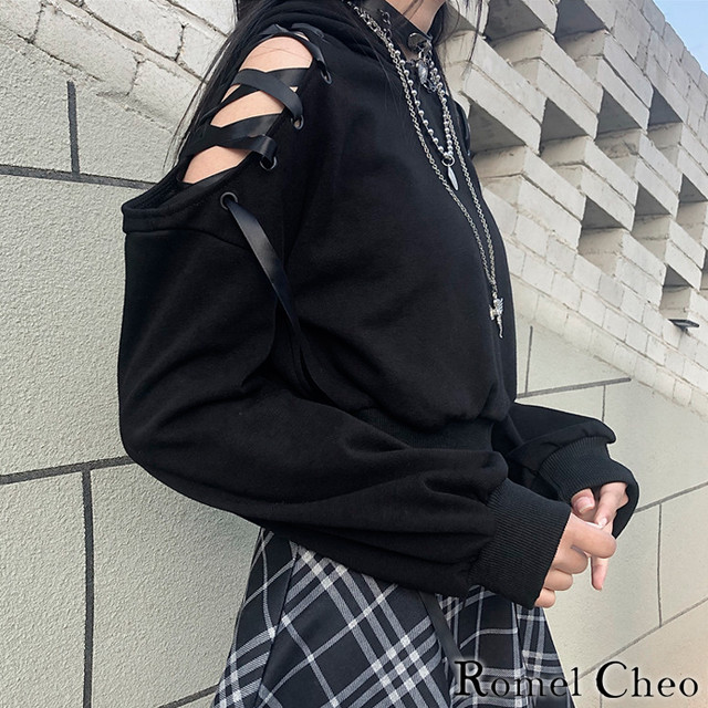 お支払い確認後日以内発送 Romelcheo 猫耳 オープンショルダー パーカー オプショル オフショル トップス 肩あき 肩出し 編み上げ レディース 黒 レディース 韓国 ファッション ガーリー 原宿系 青文字系 病みかわ ハロウィン 衣装 コスプレ ロメルチェオ Romelcheo