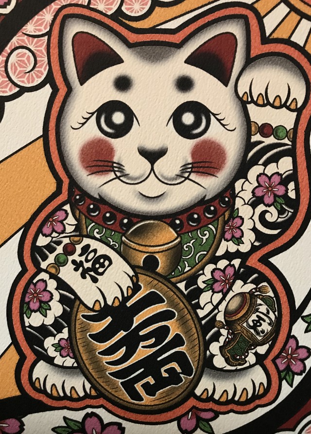 かわいい 刺青 開運 招き猫 桜吹雪 打出の小槌 A4 サイズ イラスト Bbqcomic