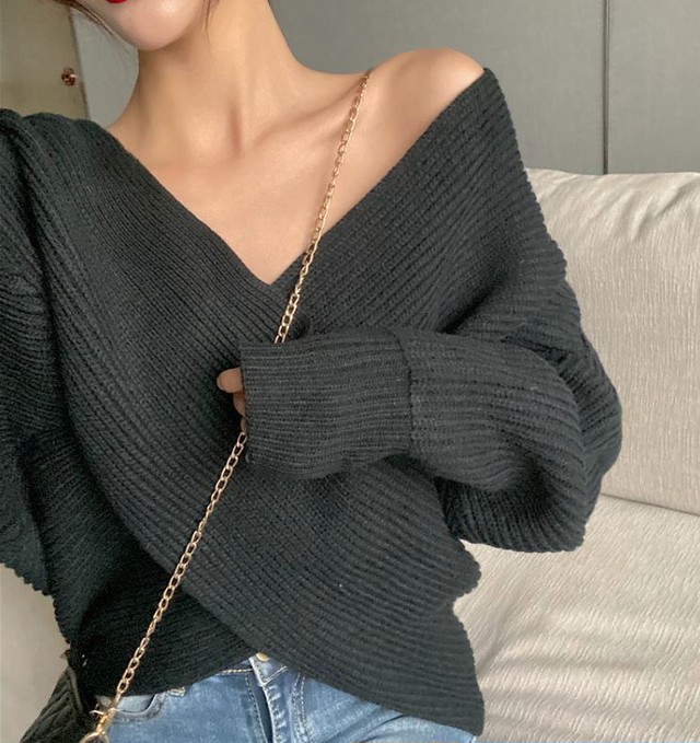 ラップクロス Vライン フロントクロスセーター スリムフィット 長袖 おしゃれ かわいい お出かけ デート フェミニン ゆったり エレガント Lalas