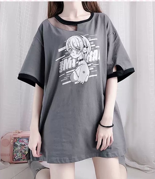 Top Mode トップス Tシャツ ルーズ オーバーサイズ ラフ ワンピース 女の子プリント 半袖 グレー 病みかわいい カジュアル セクシー クール 韓国ファッション 個性派 トレンド感 シースルー 夏 普段使い Z105 Top Mode
