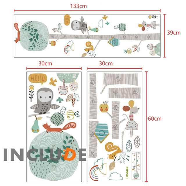 ウォールステッカー リス ふくろう 小動物 身長計 子供の成長記録 身長測定 かわいい 自分で測る 成人も測定できる 目盛り スパークジョイ Cute Kabe Kawaii