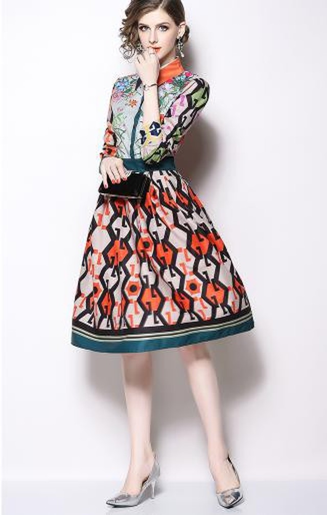 パーティー シャツワンピース レディース 長袖 スカーフ 花柄 カラフル きれいめ お呼ばれ 結婚式 デート プリーツ フレア Pg1070 ワンピ の里