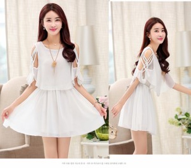 シフォンワンピース ミニ丈ワンピース オープンショルダー オケージョンワンピース プチプラ シンプル 上品 ブラン ニュー ディ