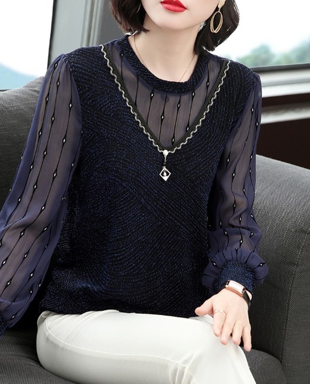 シャツ レディース ブラウス シャツ セーター ネイビー 長袖 透け感あり 着瘦せ 体型カバー おしゃれ カジュアル フォーマル 通勤 通学 Ol オフィス 入学式 入園式 卒業式 卒園式 日常 普段着 Goldayahiro