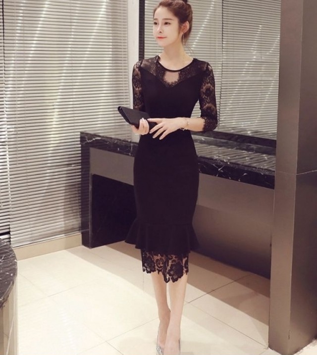 アンティーク風レース ミモレ丈七分袖ドレスワンピース Sサイズ Xxlサイズ As0168 ドレス ワンピース専門店 Lady S Labo Dress レースプチプラパーティー結婚式二次会ファッション体系カバー