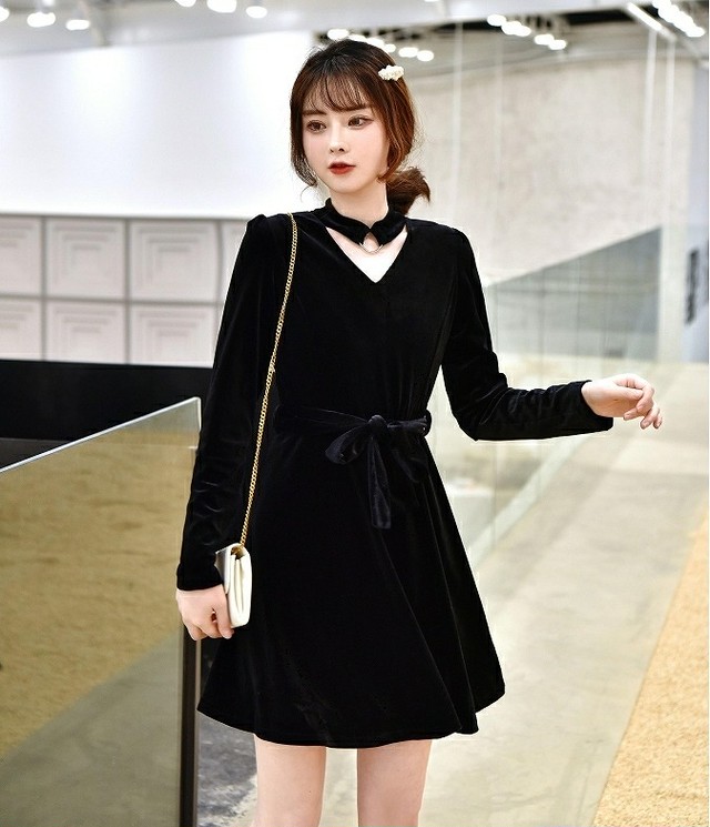 大きいサイズ レディース チョーカー風ワンピース 長袖 秋冬 春夏 ブラック ベロアワンピース 結婚式二次会 S097 大きいサイズ 送料無料 レディース通販店 ｋｅｃｃｈi 静岡 Base売り場