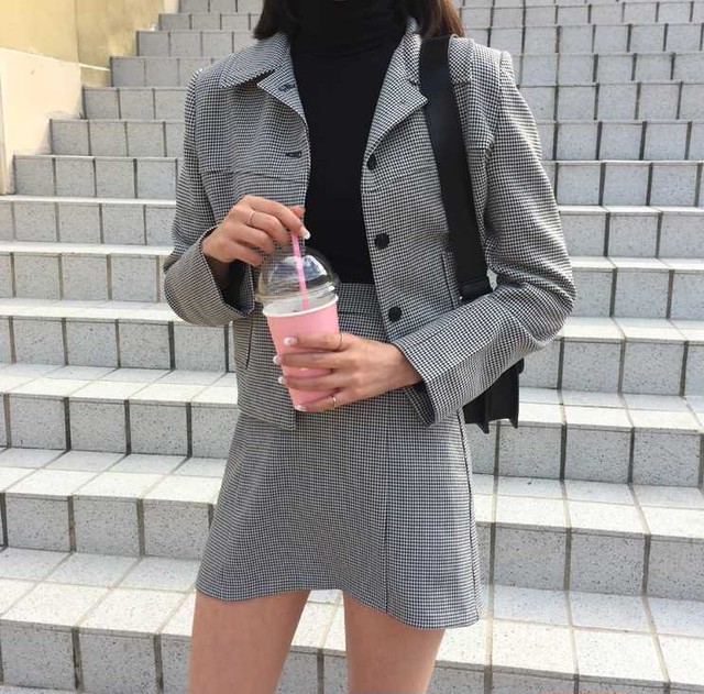 セットアップ レディース グレンチェック ミニ丈 レトロ ショート ジャケット ハイウエスト 韓国風 スカート スーツ Ta0013 ワンピの里