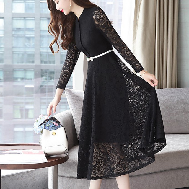 ウエストマーク ワンピース ロング ドレスワンピース ウエストマーク 夏秋 大きいサイズ ウエストマークベルト 長袖 シャーベットカラー ビーチグラス 黒 レース 透け 上品 Rx1249 Raxia ラクシア