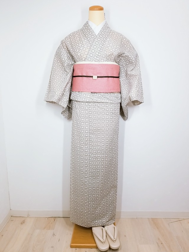 レース木綿着物 単衣 ベージュｘ白レース わらびるりあん