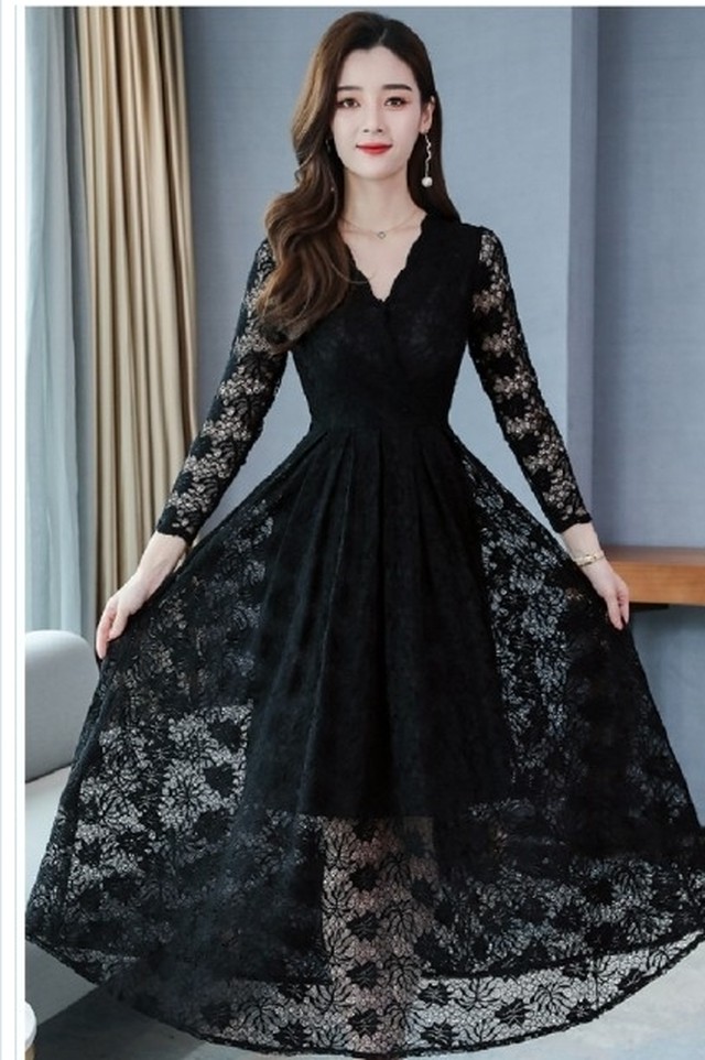 ゆるふわワンピース ロングドレス 演奏会 パーティードレス 結婚式 ミモレ丈 ワンピース ドレス 袖あり 総レース 大きいサイズ Aライン Basecamp49