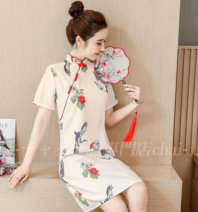 チャイナドレス ワンピース 鶴柄 花柄 半袖 ひざ丈 チャイナ服 普段着 衣装 民族 中国風 Zs1 チャイナ服専門店chai