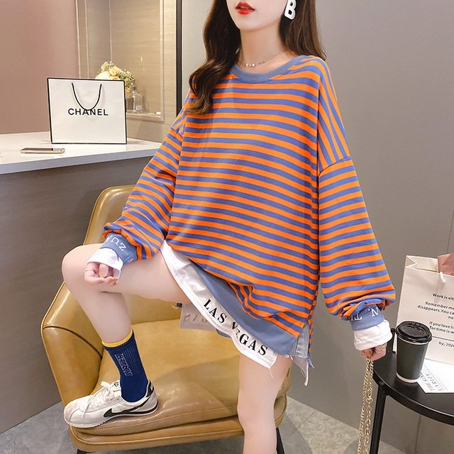 スウェット レディース トレーナー ボーダー 重ね着風 ｔシャツ オーバーサイズ アウター トップス 韓国 Cospa Fashion