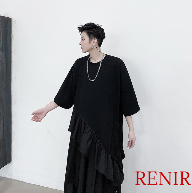 Renir レニール メンズ トップス カットソー 黒 ブラック 個性的 アシンメトリー Renir レニール メンズファッション レディース ファッション