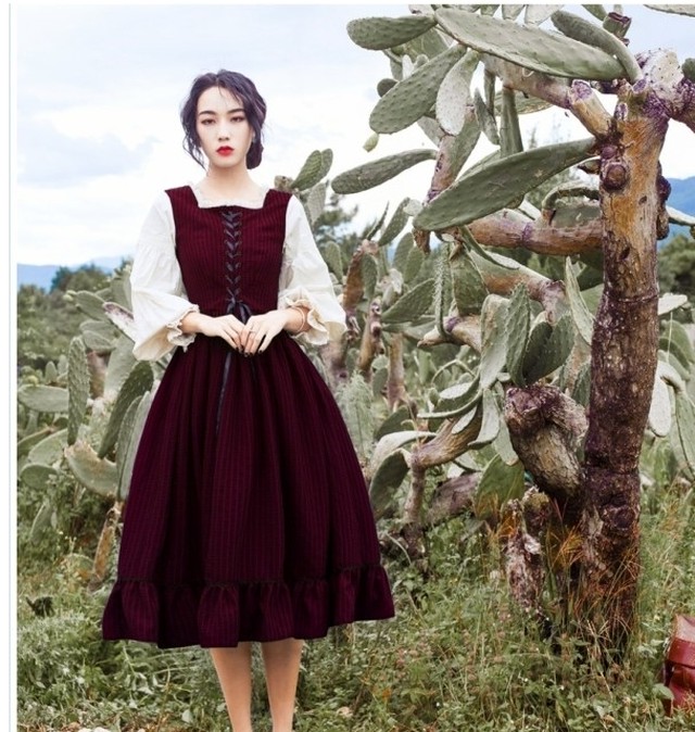 バックリボン ワンピース ゴスロリ ワンピース ドレス 新作 英国風 フレアスカート コルセット レトロ マキシ丈 編み上げ リボン 紐 レト Basecamp49