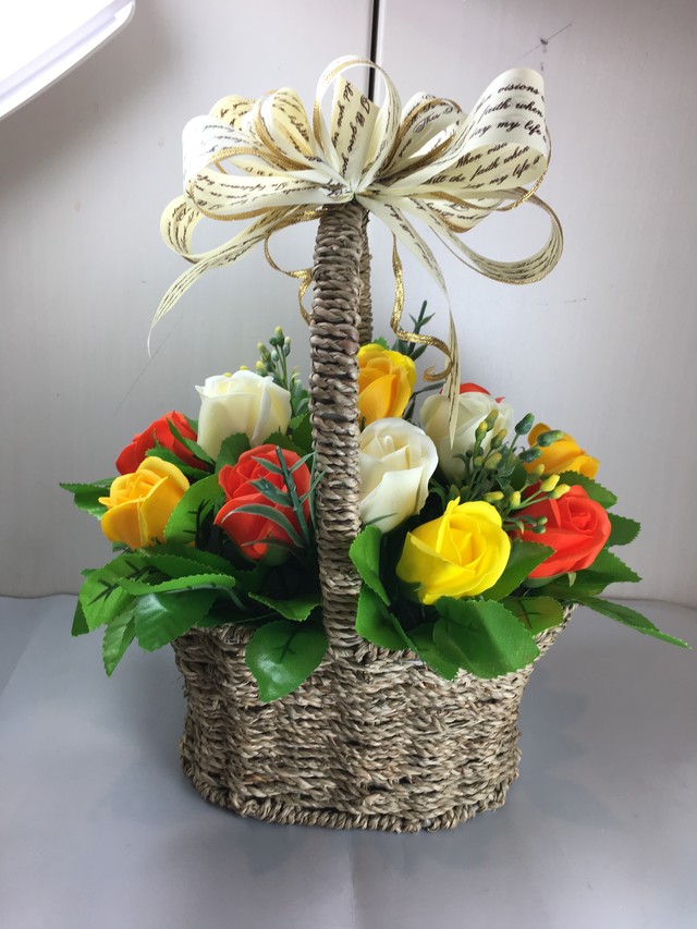 暖かいカラーミックス 黄色 オレンジ花バスケット Orignal Soap Flower Binu Hana