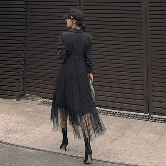テーラードトップスとチュールスカートのワンピース 異素材ドレス シフォンスカート シースルー 透け感 Ol パーティ お呼ばれ お出かけ テーラードジャケット ふんわり ロング丈 ミモレ丈 ペプラムデザイン 甘辛コーデ ハンサム 個性的 かっこいい ベルト付 Xlあり