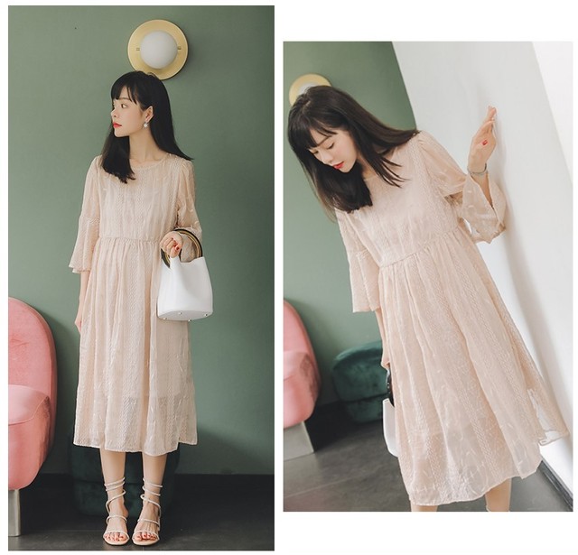 繊細刺繍レースフリル七分袖マタニティワンピース 胸下切り替え ロングワンピース マタニティーワンピース専門店 Ninpuku