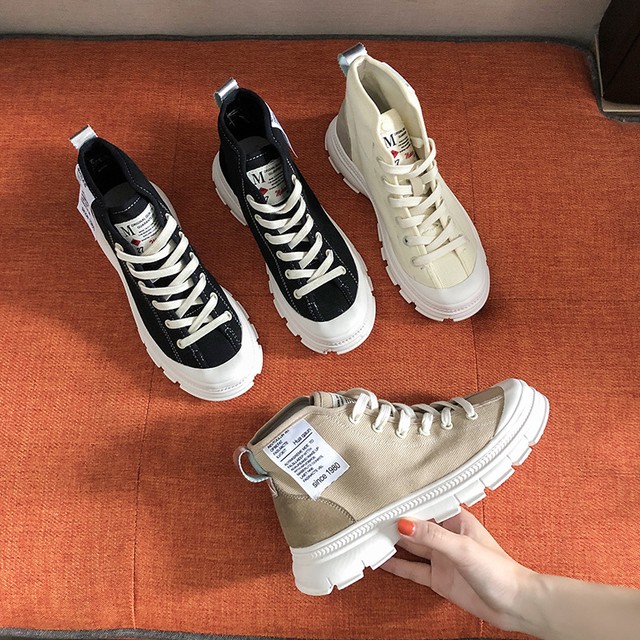 デイリーコーデに 厚底 スニーカー 靴 シューズ ハイカット カジュアル レースアップ シンプル キャンパス 通勤 通学 Ptnym12 Shop Suba