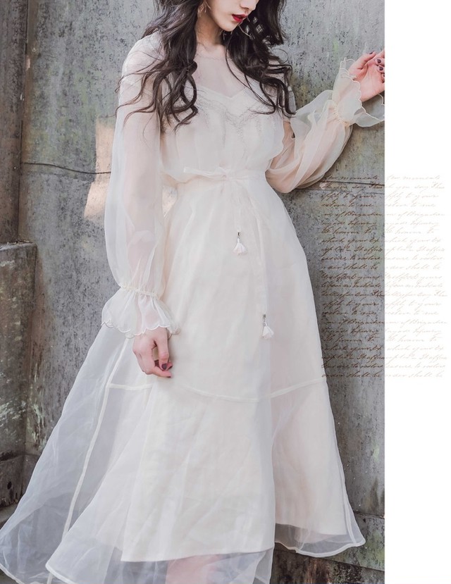 シフォンワンピース フレアワンピース フリル シースルー シンプル ガーリー キュート ボヘミアン 長袖ワンピース ウッディーベース1号店