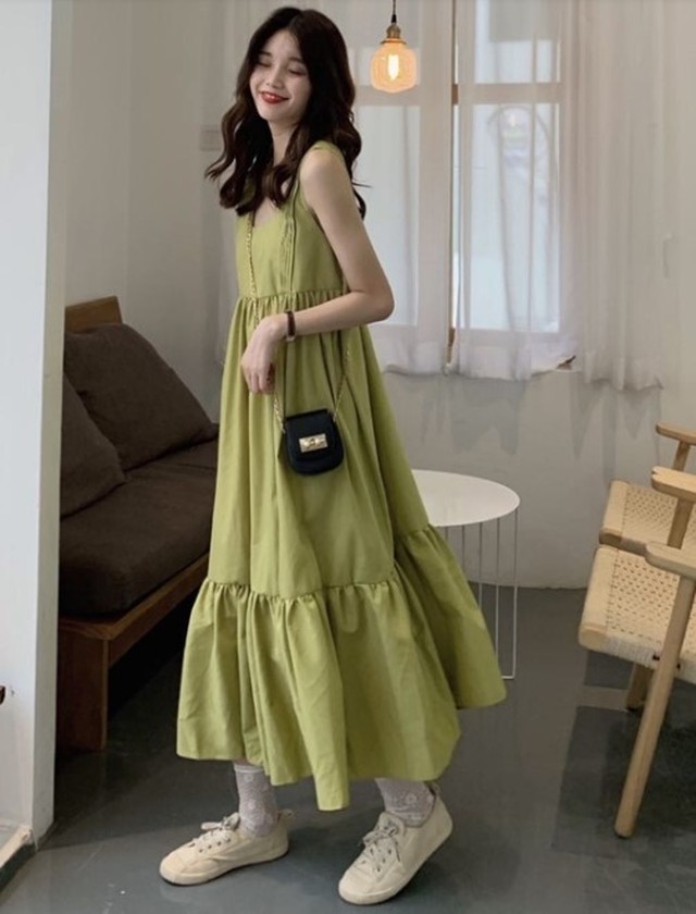 ワンピース レディース ロング丈 キャミワンピース ノースリーブ 春夏 リゾートワンピ ふんわり 体型カバー ガーリー Ab1766 Valentina210