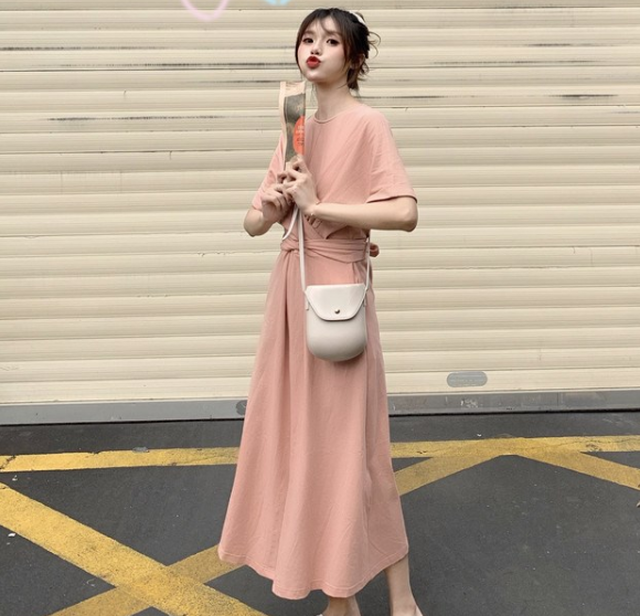 ウエストマークでスタイルアップ シンプル ワンピース ワンピース レディース 半袖 Tシャツワンピ ロング スカート スリット入り スタイルアップ リボン ベルト 春 夏 ピンク ゆったり シンプル カジュアル ルームウエア 送料無料 韓国レディース キッズファッション